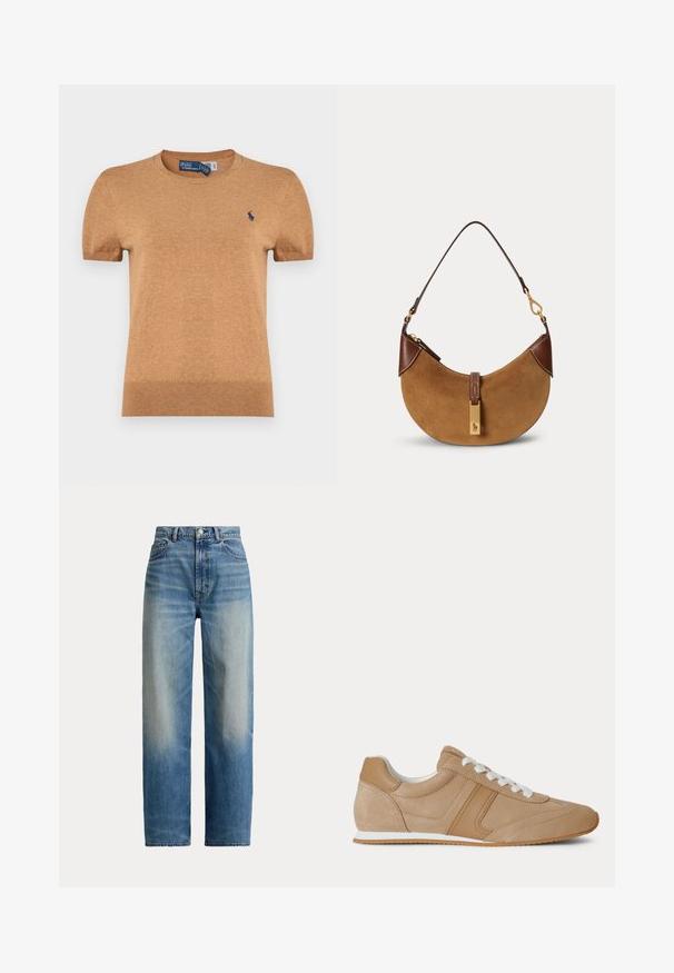 T-shirt à manches courtes, col rond, de couleur marron clair. Texture tricotée, avec un petit logo bleu sur le côté gauche de la poitrine.; Jean taille haute à jambes droites bleu avec devant délavé et design classique à cinq poches, fermeture par bouton et zip.; Baskets basses en suède et cuir marron clair avec lacets blancs et semelle en caoutchouc blanc vues de profil sur fond blanc.; Sac à main demi-lune en daim marron avec des accents en cuir marron foncé, des ferrures dorées et une courte bandoulière.