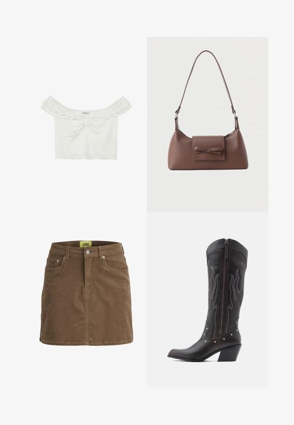Even&Odd by Zalando Μπλουζάκι με στάμπα - white; Καφέ μίνι φούστα από κορντόρι με κουμπιά και φερμουάρ μπροστά, θηλιές για ζώνη και μπροστινές τσέπες, με κίτρινη ετικέτα JJXX στο εσωτερικό της μέσης.; Καφέ δερμάτινα καουμπόικα παπούτσια με κέντημα φλόγας, πλαϊνό φερμουάρ, ασημένια καρφιά, μυτερή μύτη και ψηλό τακούνι.; Καφέ δερμάτινη τσάντα ώμου με μπροστινή τσέπη με καπάκι, διακοσμημένη με ραμμένη λεπτομέρεια φιόγκου και ρυθμιζόμενο λουρί.
