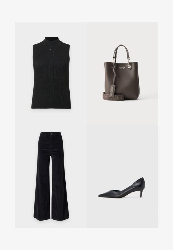 Haut sans manches à col roulé noir à côtes avec un petit logo "AX" doré centré en dessous de l'encolure, sur un fond clair.; Pantalons larges en velours côtelé noir avec taille haute, fermeture à bouton et poches avant. Texture lisse avec un motif en ribbing vertical.; Escarpin en cuir noir avec un bout pointu et un talon bas. Présente une texture lisse et un éclat subtil. Découpe ouverte à l'avant pour un détail supplémentaire.; Sac cabas en cuir brun foncé texturé avec deux poignées, une bandoulière amovible au nom de la marque, et une étiquette suspendue embossée.
