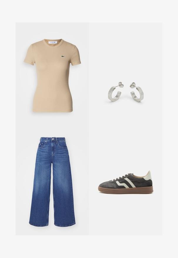 T-shirt en coton côtelé beige à manches courtes, col rond, forme ajustée, avec un petit logo vert Lacoste sur la poitrine gauche.; Jean en denim bleu taille haute avec jambes larges, passants de ceinture, bouton avant, fermeture éclair, poches avant et poche à pièces.; Baskets basses en velours côtelé gris avec bandes blanches sur les côtés, languette beige au talon, lacets blancs et semelle en caoutchouc marron.; Boucles d'oreilles en métal argenté avec un design texturé, dotées d'un petit fermoir et d'une marque sur une des hoops. Forme arrondie avec une finition polie.