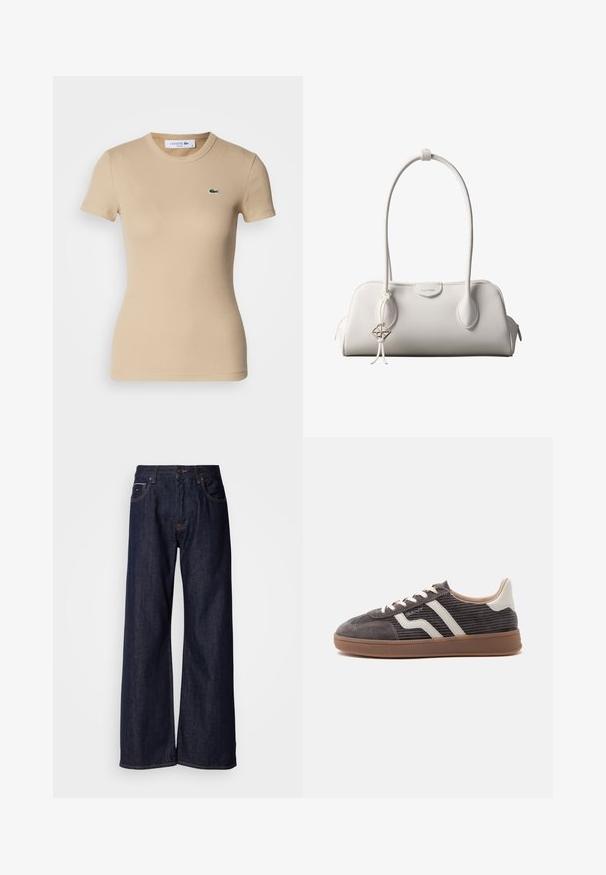 Camiseta de algodón de canalé beige, con mangas cortas, escote redondo, forma ajustada y un pequeño logo verde de Lacoste en el lado izquierdo del pecho.; Jeans de mezclilla oscura de pierna ancha con una cintura alta, con bolsillos frontales y detalles de costura sutiles. Textura suave con un corte clásico.; Zapatilla deportiva individual de color gris oscuro con detalles en cuero blanco, laterales texturizados, cordones blancos y suela de goma marrón, mostrada de perfil sobre un fondo liso.; Bolso de hombro blanco de Calvin Klein con asas largas, forma rectangular, cierre de cremallera y charm decorativo con el logo colgando cerca del asa.