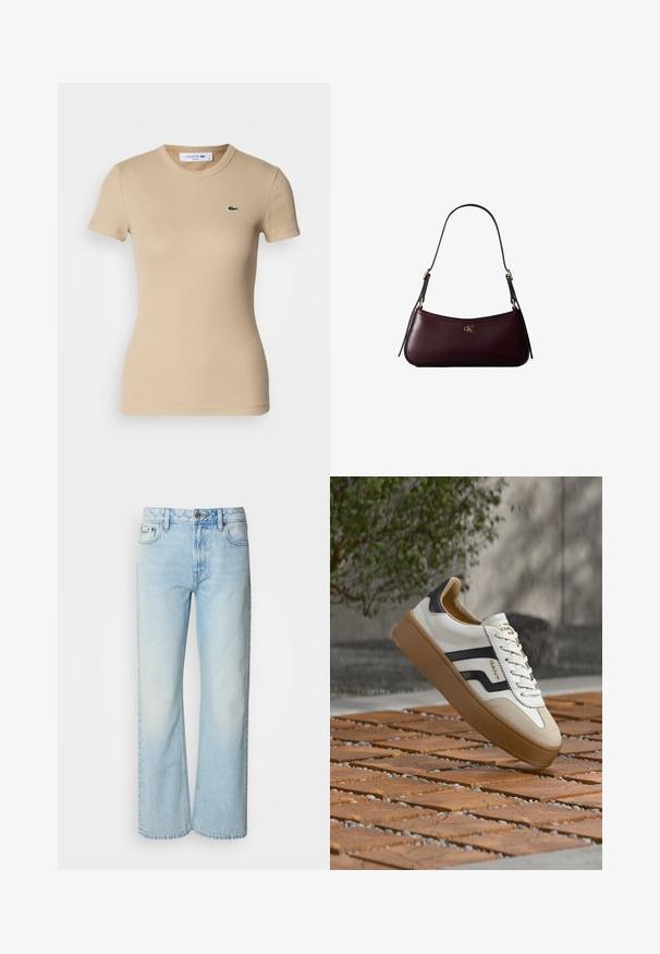 Beige gerippte Baumwoll-T-Shirt mit kurzen Ärmeln, Rundhalsausschnitt, taillierter Form und einem kleinen grünen Lacoste-Logo auf der linken Brust.; Helle blaue weit geschnittene Jeans aus Denim, mit einem klassischen Fünf-Taschen-Design und einer dezenten, gewaschenen Textur. Die Denim-Nähte sind sichtbar.; Weißer Sneaker mit schwarzen Akzenten und braunem Wildleder, ausgestattet mit einer strukturierten Gummisohle und Schnürverschluss. Markenlogo an der Seite sichtbar.; Dunkelburgunderfarbene Lederhandtasche mit schmalem schwarzem Schulterriemen und kleinem goldenem "cK" Logo vorne in der Mitte.