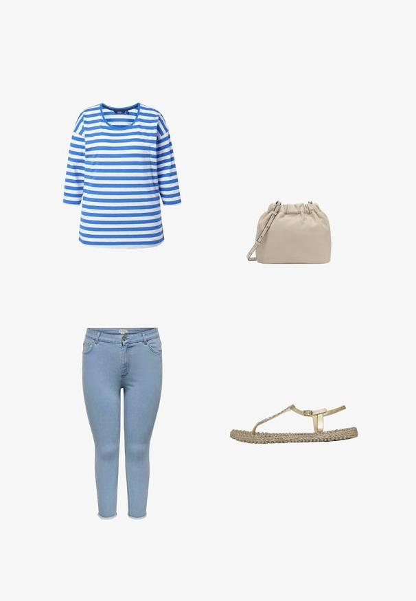Blauw-witte gestreepte T-shirt met een ronde hals, 3/4 mouwen, gemaakt van lichtgewicht stof. Heeft horizontale strepen en een relaxte pasvorm.; Lichtblauwe skinny jeans van denim met een vervaagde finish, voorzien van een standaard tailleband, voorzakken en een rafelige zoom bij de enkels.; Platte beige sandaal met gevlochten zool, enkelriem met gesp en met stras versierd T-riempje.; Beige zachte leren schoudertas met verstelbare riem en geplooide bovenkant.