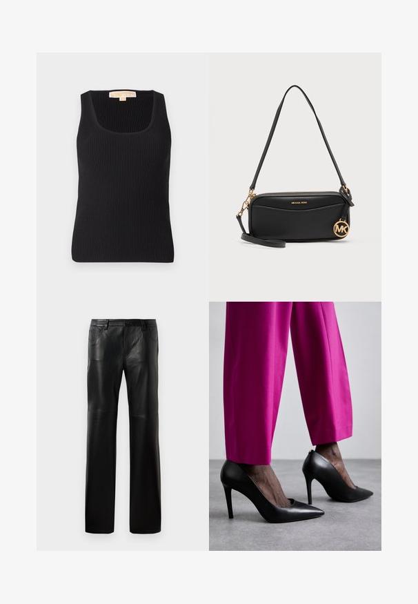 Débardeur noir à côtes avec un décolleté carré et une silhouette ajustée. Texture lisse avec un minimum de détails et une étiquette à l'arrière.; Pantalons en cuir noir avec une coupe droite, dotés d'une taille à boutons, de cinq poches et de coutures visibles le long des coutures.; Chaussures à talons hauts noires avec un design à bout pointu et une texture en cuir lisse. Associées à des pantalons ajustés rose vif.; Sac à bandoulière en cuir noir Michael Kors avec breloque logo dorée, fermeture éclair dorée et bandoulière réglable sur fond uni.