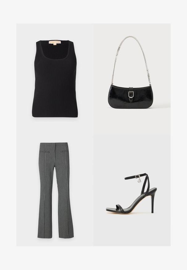 Débardeur noir à côtes avec un décolleté carré et une silhouette ajustée. Texture lisse avec un minimum de détails et une étiquette à l'arrière.; Pantalons à carreaux noir et blanc, design évasé, comprenant deux poches arrière et un tissu texturé avec un motif de grille visible.; Sandale à talon haut noire avec une bride étroite à la cheville, bout carré, cuir lisse et accent de boucle métallique.; Sac à épaule en cuir verni noir avec détail de boucle argentée et bandoulière en chaîne argentée, présenté sur un fond uni clair.