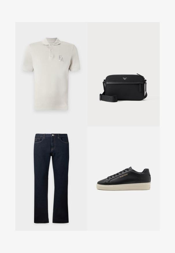 Polo à manches courtes beige clair avec deux boutons et logo brodé "EA" sur le côté gauche de la poitrine.; Jean en denim bleu foncé coupe droite avec poches avant et arrière, coutures visibles et fermeture par bouton à la taille.; Sneaker en cuir noir avec une finition lisse, semelle crème contrastante, bout arrondi, logo doré sur le côté et six œillets pour les lacets.; Sac bandoulière rectangulaire noir avec poche avant zippée, sangle réglable et petit logo métallique en haut au centre.