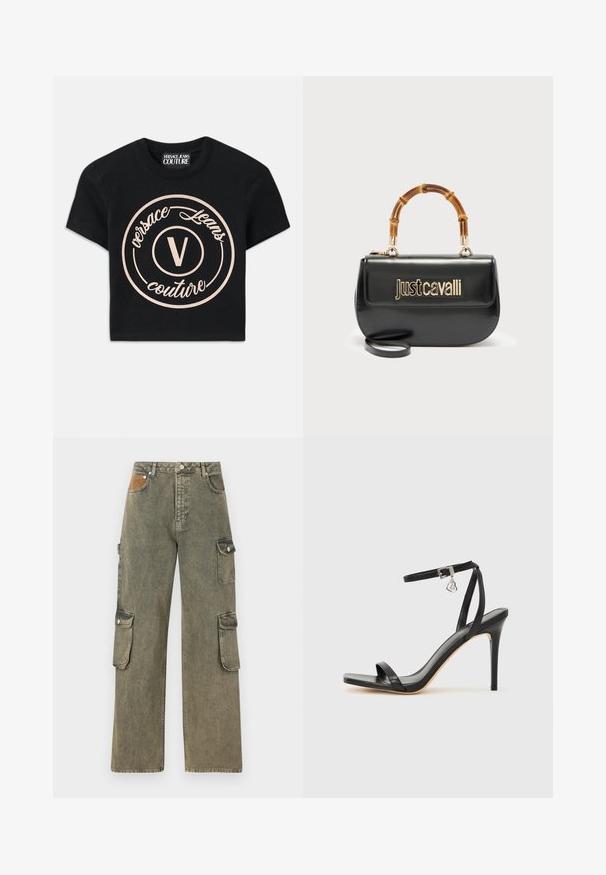 Camiseta de algodón negra con un gran logo circular beige que presenta "Versace Jeans Couture" y una "V" central en una fuente elegante. Con mangas cortas.; Pantalones cargo en denim verde grisáceo, con cintura alta, piernas anchas, dos bolsillos cargo laterales y un parche texturizado beige en la parte frontal.; Sandalia de tacón alto negra con una estrecha correa en el tobillo, punta cuadrada, material de cuero liso y detalle de hebilla metálica.; Bolso de cuero negro con el logo dorado "Just Cavalli" en el frente y asa curvada de bambú, con una correa larga desmontable.