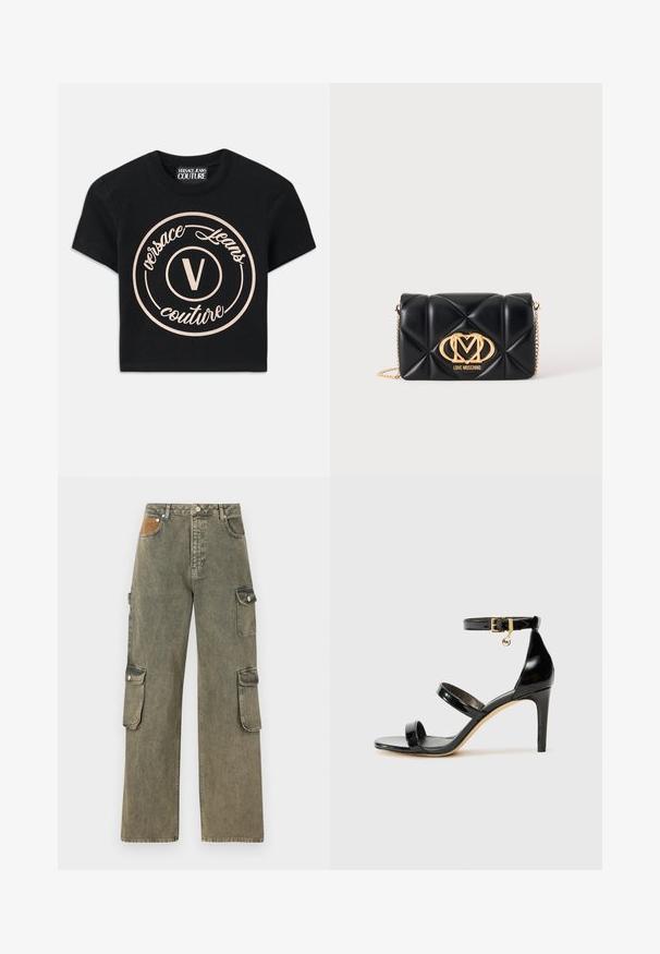 Mustmust värvi puuvillane T-särk, millel on suur beež ümmargune logo, kus on kirjas "Versace Jeans Couture" ning keskel elegantses fondis "V". Lühikesed varrukad.; Hallituspüksid hallikrohelises denimis, millel on kõrge vöökoht, laiad sääred, kaks külgset cargo taskut ja tekstureeritud beež plekk ees.; Must musta nahk sandaal kolme rihmaga, pahkluu vööga ja 4-tollise stilettakontsaga. Omab kuldset detaili ja logovõtit.; Mustast tikandiga nahast käekott kuldse kettaga ja kuldse Love Moschino logoga esiküljel keskel.