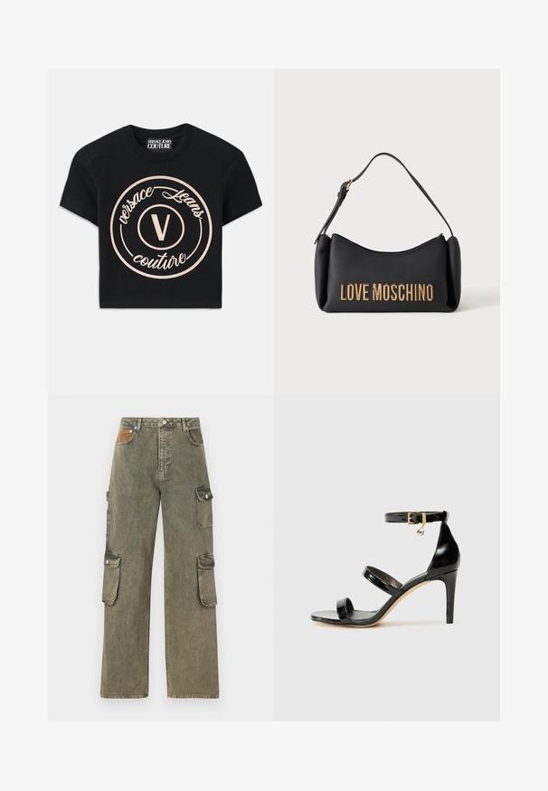Camiseta de algodón negra con un gran logo circular beige que presenta "Versace Jeans Couture" y una "V" central en una fuente elegante. Con mangas cortas.; Pantalones cargo en denim verde grisáceo, con cintura alta, piernas anchas, dos bolsillos cargo laterales y un parche texturizado beige en la parte frontal.; Sandalia de charol negro con tres correas, hebilla en el tobillo y tacón de aguja de 10 cm. Presenta detalles de hardware en oro y un charm con el logo.; Bolso Moschino negro con letras doradas y correa corta para el hombro sobre fondo blanco.
