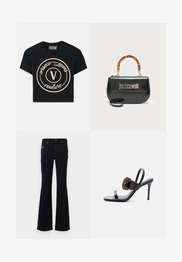 Mustmust värvi puuvillane T-särk, millel on suur beež ümmargune logo, kus on kirjas "Versace Jeans Couture" ning keskel elegantses fondis "V". Lühikesed varrukad.; Mustad mustad teksapüksid, millel on tekstuuriga kangas ja õrn muster, hõbedase värvusega detailid ning esimesed taskud. Tõmblukk külgedel.; Mustast lakknahast kõrge kontsaga sandaal, õhukeste rihmade ja suure kaunistatud kuldse pandlaga esimesel rihmal.; Mustast nahast käekott kuldse "Just Cavalli" logoga ees ja kaarekujuline bambusest sang, millel on eemaldatav pikk rihm.