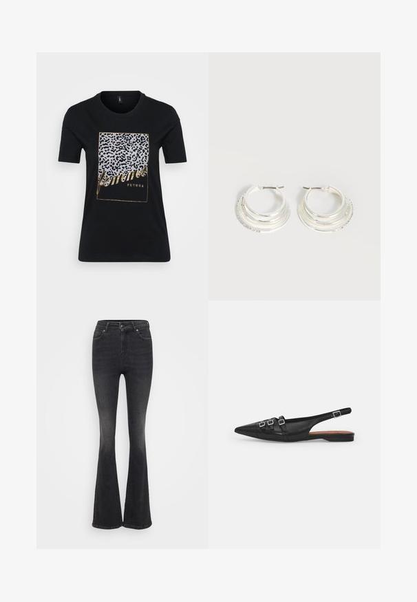 Sort bomuld T-shirt med leopardmønster og gyldent tekst, der står "femmes FUTURE" inden for en rektangulær ramme.; Sorte flagrende jeans lavet af denim med høj talje. Funktioner inkluderer for- og baglommer, en knaplukning og en falmet tekstur.; Sort læderslyngeflad sko med spids tå, der har to vandrette stropper og firkantede sølvspænder, lav hæl og glat tekstur.; Sølv hoop øreringe med tre lagdelte halvcirkelformede bånd, hvoraf det ene er udsmykket med små klare krystaller på en lys baggrund.