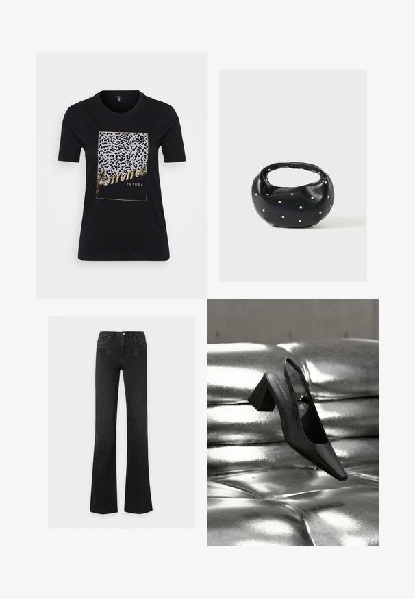 Sort bomuld T-shirt med leopardmønster og gyldent tekst, der står "femmes FUTURE" inden for en rektangulær ramme.; Sorte jeans med høj talje og let vidde, lukkes foran med knapper og lynlås, forlommer med diskret hvid syning.; Sort slingback-hæl med spids tå, der har en tekstureret overflade og en chunky blokhæl. Lagt mod en skinnende, metallisk baggrund.; Sort læderhåndtaske med en rundet form, dekoreret med sølvnitter, og et kort håndtag. Glat tekstur og lynlåslukning.