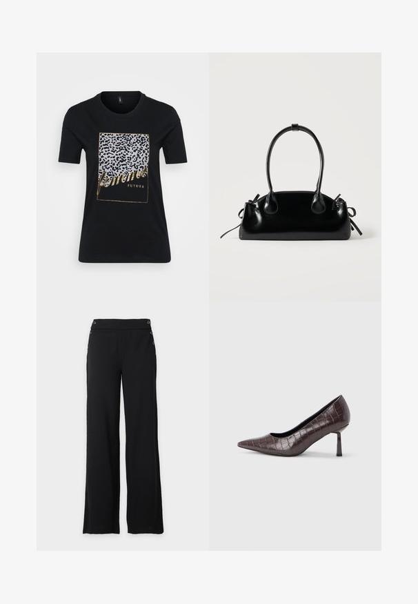 Sort bomuld T-shirt med leopardmønster og gyldent tekst, der står "femmes FUTURE" inden for en rektangulær ramme.; Sorte bukser med brede ben, høj talje og dekorative knapper foran og i siderne.; Brune kunstlæder stiletter med spidse tæer og krokodilletekstur, der har en slank, vinklet hæl og en glat inderside.; Lille sort blank håndtaske med to lange håndtag og snøre-detaljer i siden på en ensfarvet lys baggrund.