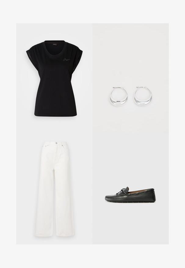 Camiseta negra de manga corta hecha de algodón con cuello redondo, que presenta detalles fruncidos en los hombros y un sutil acento de logo bordado.; Jeans de mezclilla de cintura alta y pierna ancha en color blanco. Cuenta con bolsillos delanteros, un cierre de botón y detalles de dobladillo deshilachado.; Zapato náutico de cuero negro con punta redondeada, detalles de costura, pequeño lazo decorativo y suela de goma. Textura suave y diseño aerodinámico.; Pendientes de aro de plata con un acabado pulido y la marca DKNY, exhibidos sobre un fondo blanco liso.