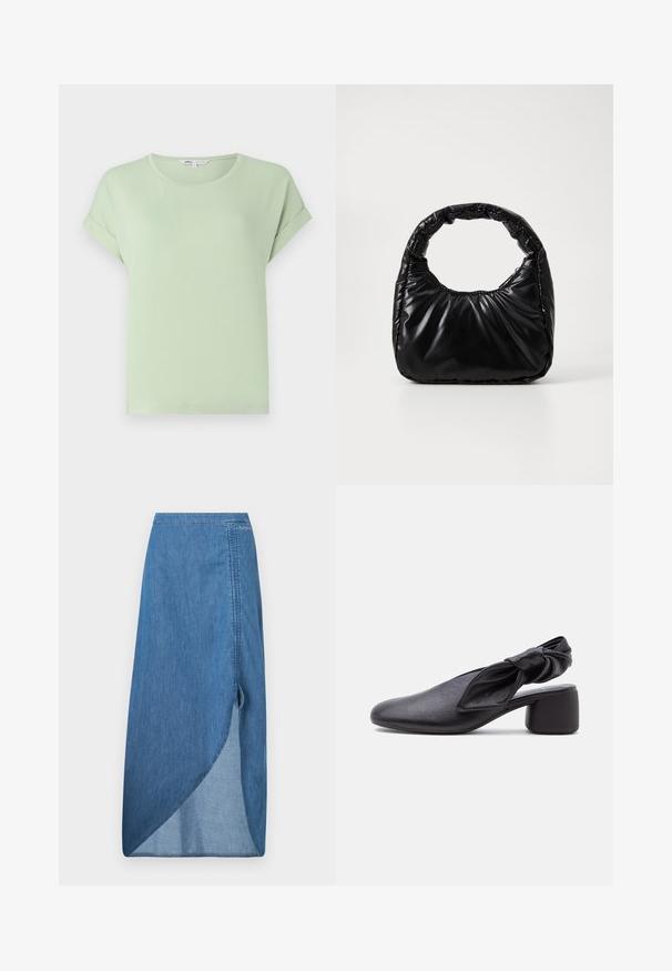 T-shirt vert clair en tissu doux, avec un col rond et des manches courtes retroussées. Coupe simple et décontractée sans motifs ni accents.; Jupe en denim bleu moyen, avec une haute fente, un ourlet asymétrique et une surface texturée. Comprend des coutures piquées et un détail de boucle sur le côté.; Chaussure slingback en cuir noir avec bout arrondi, détail de bride nouée et petit talon carré sur fond blanc.; Sac à main noir rembourré avec une poignée arrondie, présentant une surface lisse et brillante ainsi qu'une texture douce et matelassée. Pas de quincaillerie ou d'accents visibles.
