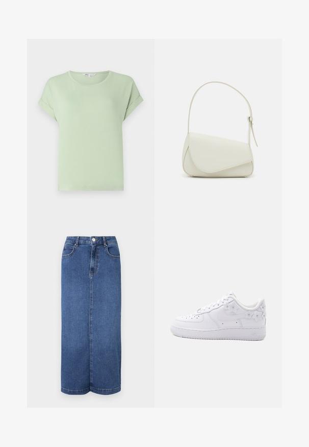 T-shirt vert clair en tissu doux, avec un col rond et des manches courtes retroussées. Coupe simple et décontractée sans motifs ni accents.; Jupe maxi en denim bleu foncé, avec une coupe droite, une taille avec une fermeture à bouton et des détails de couture minimalistes.; Baskets basses blanches avec embout perforé, swoosh Nike et accents floraux blancs décoratifs au talon et sur le côté.; Sac à main en cuir synthétique blanc avec une forme triangulaire structurée, une bandoulière unique réglable et un rabat à courbes accentuées.