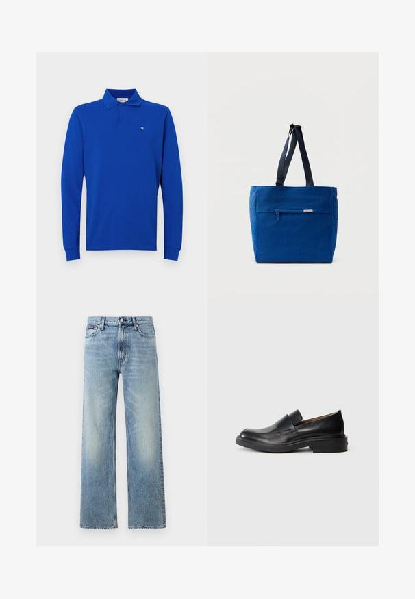 Polo de manga larga azul hecho de algodón, con un cuello de botones de dos y un pequeño logo bordado en el pecho. Textura suave.; Vaqueros de mezclilla azul claro de corte recto con cintura alta, cinco bolsillos, cierre de botón y sutil desgaste en los muslos y las rodillas.; Zapato de vestir negro de cuero sin cordones con tacón bajo y un sutil logo de Calvin Klein en el lateral, mostrado en perfil sobre un fondo blanco.; Bolsa de lona azul con un bolsillo frontal con cremallera, correas dobles para el hombro y forma rectangular. Cuenta con una etiqueta de marca sutil.