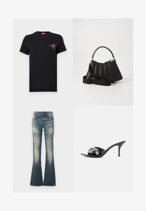 T-shirt noir à manches courtes avec un petit motif de rose rouge et la lettre "D" grise sur le côté gauche de la poitrine, étiquette de marque Diesel rouge à l'intérieur du col.; Jean en denim évasé bleu délavé avec de légères usures. Dispose d'une fermeture à bouton à l'avant, de cinq poches et d'une taille mi-haute.; Mule à talon haut en cuir verni noir avec bout ouvert et breloques argentées décoratives comprenant une fleur et un cadenas sur la bride avant.; Sac à main plissé noir avec une poignée arrondie, une bandoulière réglable et une texture brillante. Présente des accessoires en argent et une silhouette structurée.