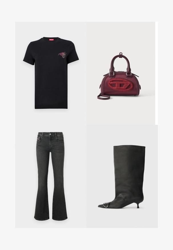 T-shirt noir à manches courtes avec un petit motif de rose rouge et la lettre "D" grise sur le côté gauche de la poitrine, étiquette de marque Diesel rouge à l'intérieur du col.; Jean en denim noir à coupe évasée, avec une taille mi-haute, un design à cinq poches et des détails de couture sur les poches. Texture lisse avec un léger éclat.; Bottines en cuir noir à bout pointu, petite talon et détail métallique sur le bout. Texture lisse et mate partout.; Petit sac à main bordeaux à forme arrondie, avec double poignée et grand logo ovale rouge texturé sur le devant, sur fond uni.