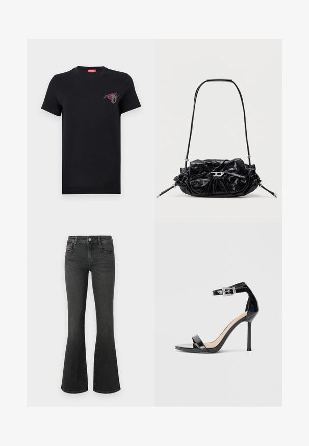 T-shirt noir à manches courtes avec un petit motif de rose rouge et la lettre "D" grise sur le côté gauche de la poitrine, étiquette de marque Diesel rouge à l'intérieur du col.; Jean en denim noir à coupe évasée, avec une taille mi-haute, un design à cinq poches et des détails de couture sur les poches. Texture lisse avec un léger éclat.; Sandale à talon haut en cuir verni noir avec bride à la cheville. Présente un design minimaliste, un bout ouvert et une boucle ornée de strass.; Sac à main en cuir noir avec un design froncé et un détail en forme de nœud sur le devant. Dispose d'une poignée courte et d'accents de quincaillerie argentée.