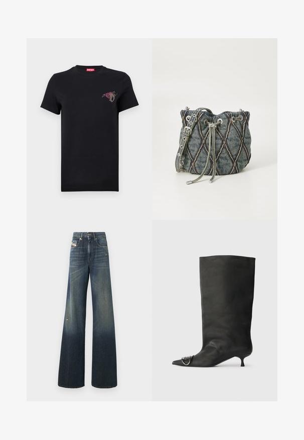 T-shirt noir à manches courtes avec un petit motif de rose rouge et la lettre "D" grise sur le côté gauche de la poitrine, étiquette de marque Diesel rouge à l'intérieur du col.; Jean en denim à jambes larges de couleur bleu foncé avec une finition délavée, présentant un genou usé et un design classique à cinq poches avec une étiquette.; Bottines en cuir noir à bout pointu, petite talon et détail métallique sur le bout. Texture lisse et mate partout.; Sac seau en denim avec un motif matelassé en diamant, cordon de serrage gris, accents en métal argenté et texture douce, doté d'une bandoulière amovible.