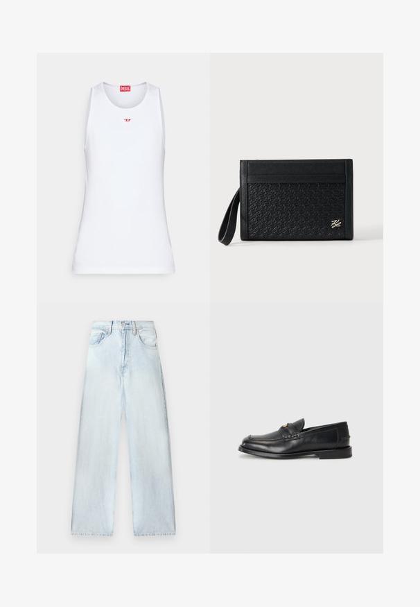 Hvid ærmeløs tanktop lavet af glat stof. Har en rund halsudskæring og et lille rødt "D" logo i midten.; Lysblå denimbukser med løst fit, høj talje, fem-lomme design og lige ben. Fadede teksturer med synlige sømdetaljer.; Sorte læder loafers har en afrundet tå, syede detaljer og en lille gylden accent foran. Sålen er flad og diskret.; Sort rektangulær clutchtaske med tekstureret mønster, håndledsrem på venstre side og lille sølvlogo i nederste højre hjørne.