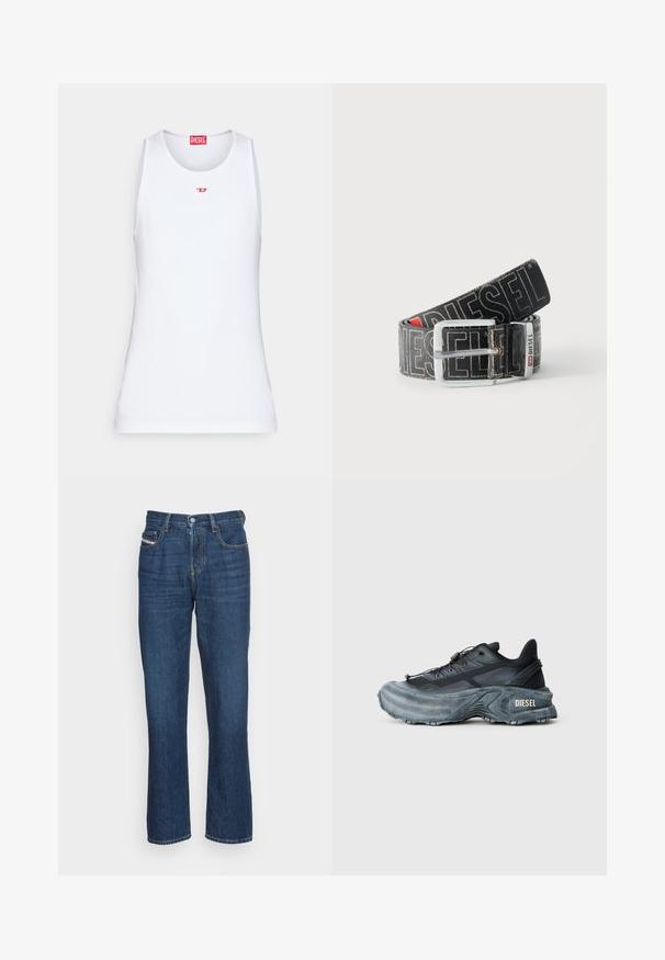 Weißes ärmelloses Tanktop aus glattem Stoff. Verfügt über einen runden Ausschnitt und ein kleines rotes "D"-Logo in der Mitte.; Dunkelblaue Jeans mit geradem Schnitt. Sie verfügen über Gürtelschlaufen, zwei Fronttaschen und einen Knopfverschluss an der Taille.; Schwarz- und graue Diesel-Sneaker mit dicker Sohle, Schnürverschluss und strukturiertem Design auf einem schlichten hellgrauen Hintergrund.; Schwarzer Diesel-Gürtel mit großem weißen Logotext, rechteckiger silberner Schnalle und gebrandetem Metallschlaufen-Detail, aufgewickelt auf hellem Hintergrund.