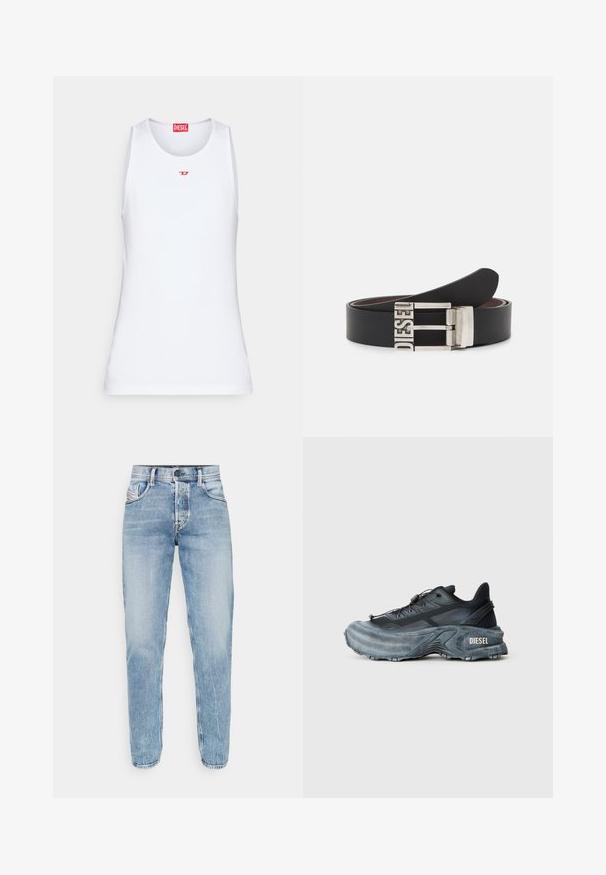 Witte mouwloze tanktop van gladde stof. Heeft een ronde halslijn en een klein rood "D"-logo in het midden.; Lichtblauwe denim jeans met een rechte pasvorm, vijf-pocket ontwerp, zichtbare stiksels en een klassieke knoop- en ritssluiting. Geen versieringen.; Zwarte en grijze Diesel sneakers met dikke zool, vetersluiting en gestructureerd ontwerp op een effen lichtgrijze achtergrond.; Zwarte leren riem met een zilveren metalen gesp waarop de tekst "DIESEL" is gegraveerd. Het ontwerp is slank met een gladde textuur.