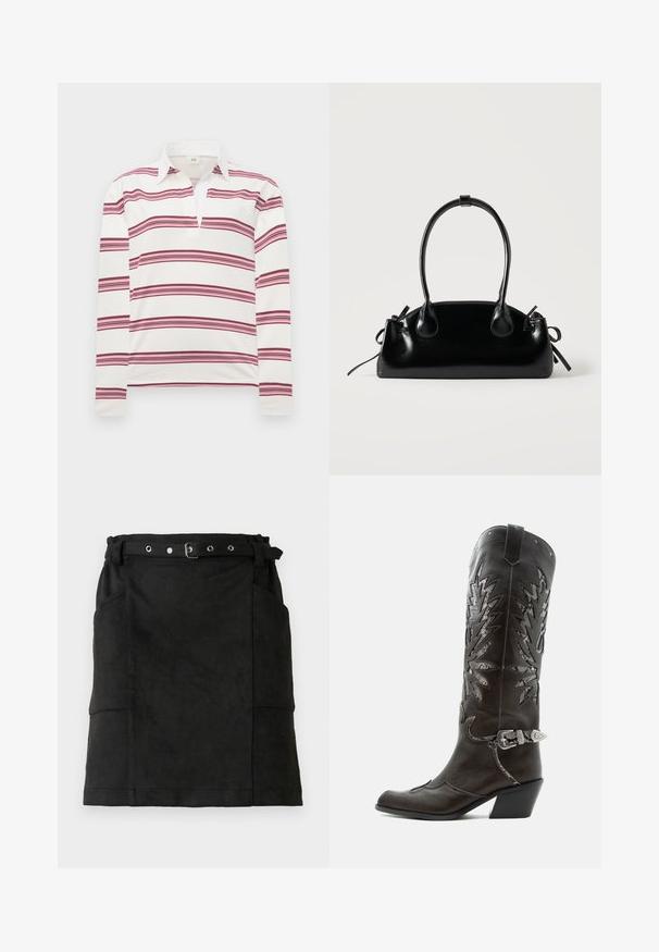 Polo à manches longues en blanc avec des rayures horizontales bordeaux et roses, présentant un col contrasté et un plastron pour un décolleté dégagé.; Jupe en daim noir avec une coupe ajustée, dotée de passants de ceinture, d'une boucle et de deux poches latérales. Texture lisse, design à hauteur de genoux.; Botte de cowboy en cuir noir avec découpes décoratives, boucle argentée et talon incliné, présentée sur fond blanc.; Petit sac à main noir brillant avec deux longues anses et des détails à cordon sur les côtés sur un fond clair uni.