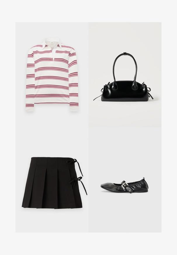Polo à manches longues en blanc avec des rayures horizontales bordeaux et roses, présentant un col contrasté et un plastron pour un décolleté dégagé.; Jupe plissée noire avec des liens sur les côtés, fabriquée dans un tissu à la texture lisse ; elle présente un design structuré et des lignes épurées.; Chaussure plate en cuir noir avec un nez pointu, des détails froncés autour de l'ouverture et un accent en boucle argentée sur la bride ajustable.; Petit sac à main noir brillant avec deux longues anses et des détails à cordon sur les côtés sur un fond clair uni.