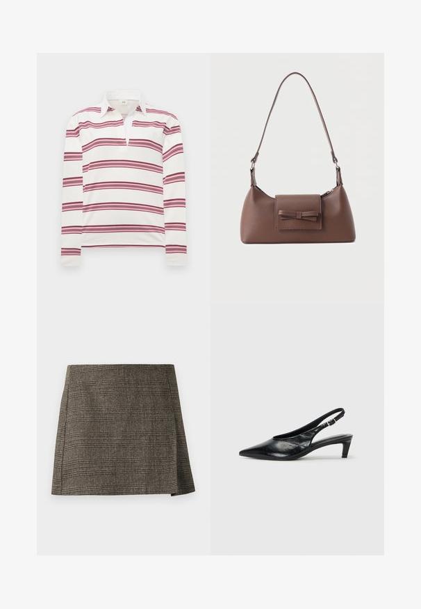 Polo à manches longues en blanc avec des rayures horizontales bordeaux et roses, présentant un col contrasté et un plastron pour un décolleté dégagé.; Jupe mini à carreaux marron et gris avec une subtile fente latérale, coupe droite et tissu texturé.; Escarpin à bride arrière en cuir noir avec un bout pointu, un petit talon et une sangle à boucle réglable. Texture lisse avec un minimalisme dans les détails.; Sac à bandoulière en cuir marron avec une poche à rabat avant ornée d'un détail en forme de nœud cousu et une sangle réglable.