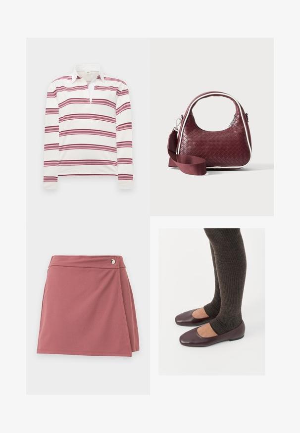 Polo à manches longues en blanc avec des rayures horizontales bordeaux et roses, présentant un col contrasté et un plastron pour un décolleté dégagé.; Jupe portefeuille courte en rose poussiéreux avec un petit bouton argenté près de la ceinture sur un fond clair uni.; Ballerines en cuir verni bourgogne à bout carré, accompagnées de chaussettes en tricot côtelé marron foncé atteignant le molet.; Sac à main en cuir tressé marron foncé avec poignée courbée, garniture blanche, fermeture éclair argentée et bandoulière large en tissu amovible sur fond uni.