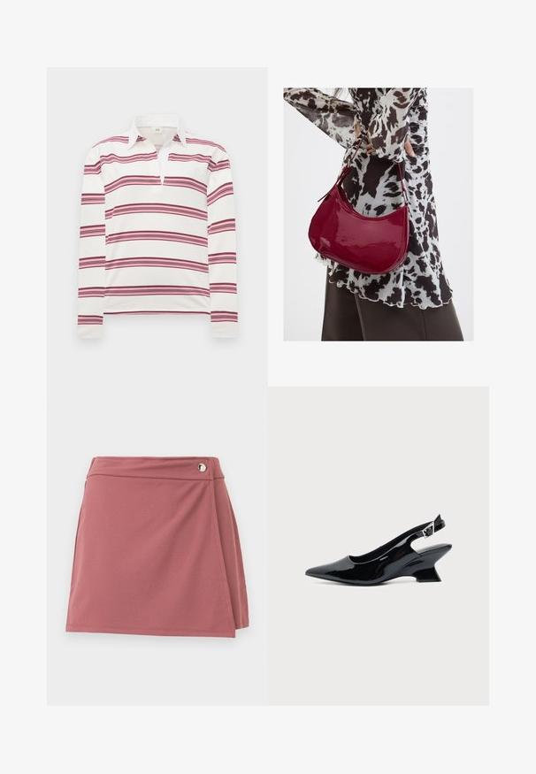 Polo à manches longues en blanc avec des rayures horizontales bordeaux et roses, présentant un col contrasté et un plastron pour un décolleté dégagé.; Jupe portefeuille courte en rose poussiéreux avec un petit bouton argenté près de la ceinture sur un fond clair uni.; Chaussure slingback en cuir verni noir avec bout pointu et petit talon bloc incliné sur fond clair uni.; Femme portant un chemisier à motif noir et blanc tenant un sac à main rouge brillant sur un fond uni.