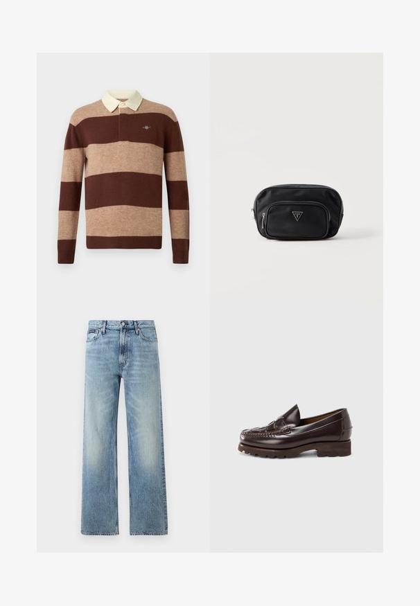 Langærmet rugbytrøje med brede vandrette brune og beige striber samt en krave i cremefarve, prydet med et lille broderet logo på brystet.; Lyseblå denim jeans med lige ben, højt talje, fem lommer, knaplukning og diskrete falmede områder på lår og knæ.; Mørkebrun læderloafer med kraftig gummisål og vævet kvastdetalje på toppen, vist i profil mod hvid baggrund.; Lille sort Guess pouch taske med lynlåslomme foran og sølv logoemblem på hvid baggrund.