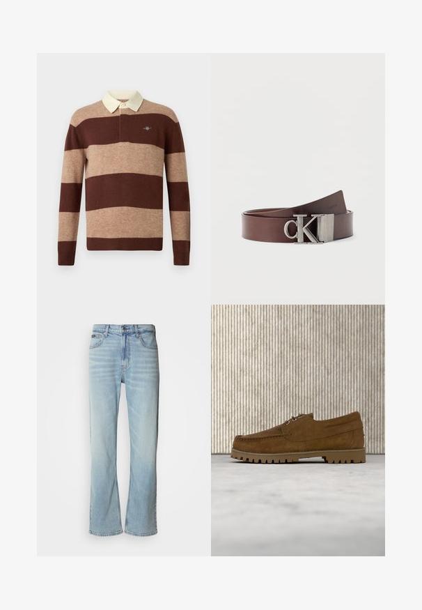 Langærmet rugbytrøje med brede vandrette brune og beige striber samt en krave i cremefarve, prydet med et lille broderet logo på brystet.; Lyseblå denimjeans med lige ben, der har fem lommer, knaplukning og en subtil falmning på stoffet.; Brun ruskind snøresko med tyk rillede sål, der svæver over beige tæppe, med et brunt ovalt bord i baggrunden.; Brunt læderbælte snoet med metalisk "CK" logo-spænde, minimalistisk design på ensfarvet hvid baggrund.