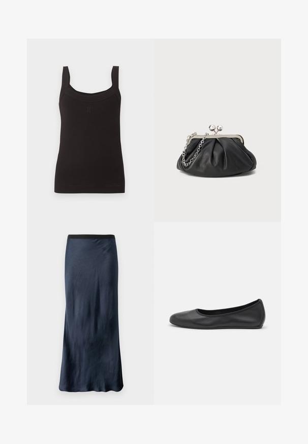 Débardeur noir côtelé sans manches avec encolure carrée et larges bretelles, avec un petit logo discret au centre devant.; Jupe A-ligne marine en satin lisse avec une taille élastique noire. Présente un léger éclat et un design longueur sol.; Ballerines en cuir noir avec un bout rond, texture lisse, détails de couture minimalistes et design de semelle flexible.; Porte-monnaie en cuir noir avec texture froncée, cadre en métal argenté, fermeture à verrouillage kiss-lock et bandoulière en chaîne. Surface lisse et douce.