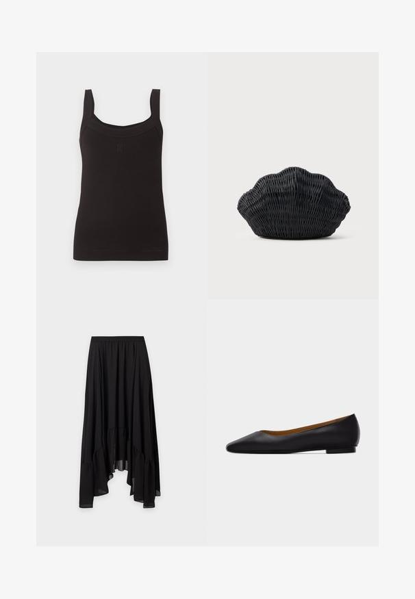 Débardeur noir côtelé sans manches avec encolure carrée et larges bretelles, avec un petit logo discret au centre devant.; Jupe noire à taille élastique, coupe high-low avec ourlet à volants, en tissu léger et fluide.; Chaussure plate en cuir noir à bout pointu avec talon bas et finition lisse, vue de côté sur un fond gris clair.; Sac à main en osier noir en forme de coquille Saint-Jacques avec un dessus courbé et une texture tressée sur un fond uni.