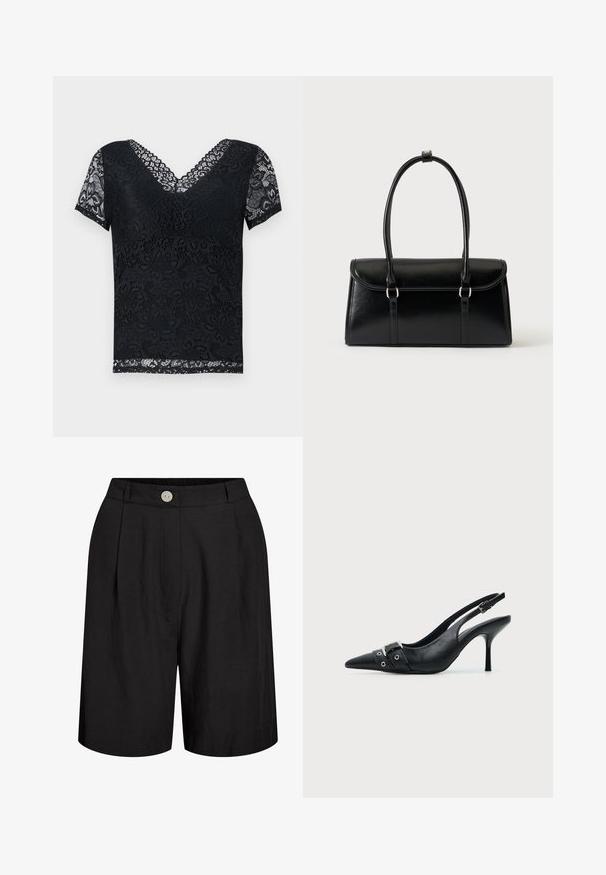 Schwarzes Spitzenoberteil mit V-Ausschnitt und kurzen Ärmeln. Verfügt über florale Muster und gewellte Spitzenkanten. Teilweise transparente Stoffqualität.; Schwarze, hochgeschnittene, maßgeschneiderte Shorts mit vorderen Falten, Gürtelschlaufen und einem einzelnen weißen Knopf am Bund.; Schwarzer Leder Slingback-Pumps mit spitzer Vorderkappe und einem Schnallen- und Ösenriemen vorne.; Schwarze, rechteckige Lederhandtasche mit Klappverschluss und zwei langen Griffen vor weißem Hintergrund.