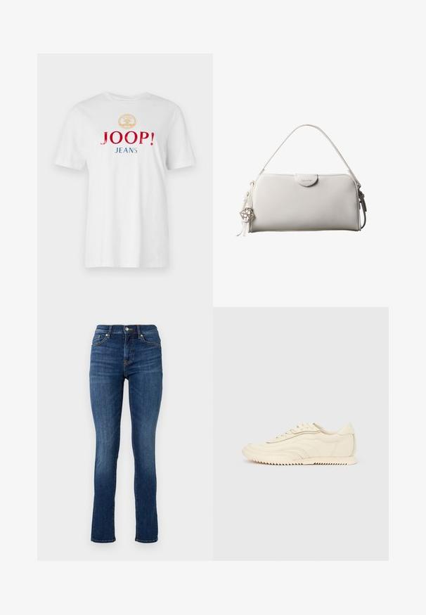 T-shirt en coton blanc avec un col rond, des manches courtes et un texte multicolore en gras : "JOOP !" en rouge et "JEANS" en bleu, sous un emblème doré.; Jeans skinny bleu foncé en denim, avec une taille standard, des poches avant et des détails de couture subtils.; Baskets basses de couleur crème avec des coutures ondulées, une fermeture à lacets et une semelle crantée, vues de côté sur un fond uni.; Sac à main rectangulaire blanc Calvin Klein avec une seule poignée, design minimaliste et pampilles décoratives avec un charm métallique géométrique sur le côté.