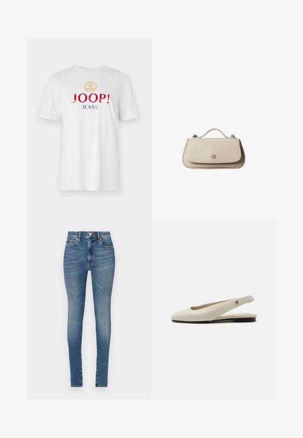 T-shirt en coton blanc avec un col rond, des manches courtes et un texte multicolore en gras : "JOOP !" en rouge et "JEANS" en bleu, sous un emblème doré.; Jeans skinny taille haute en denim bleu clair, présentant une coupe cinq poches, des passants de ceinture et une fermeture à glissière avec un bouton.; Chaussure plate slingback en cuir couleur crème avec un bout arrondi et un petit emblème doré sur la bride.; Petit sac à main en cuir beige avec poignée supérieure et logo CK argenté sur le rabat avant, présenté sur fond blanc.