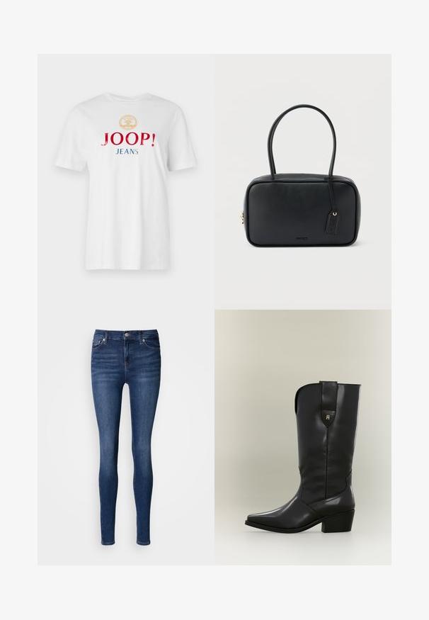 T-shirt en coton blanc avec un col rond, des manches courtes et un texte multicolore en gras : "JOOP !" en rouge et "JEANS" en bleu, sous un emblème doré.; Jean skinny en denim bleu foncé, avec une taille mi-haute, un design à cinq poches, et un effet usé subtil à l'avant et à l'arrière.; Botte de cow-boy haute en cuir noir avec bout pointu, talon épais et languette avec un petit logo doré.; Sac à main rectangulaire noir avec doubles poignées arrondies, fermeture éclair dorée et logo "HUGO" embossé sur le devant avec une étiquette en cuir attachée.
