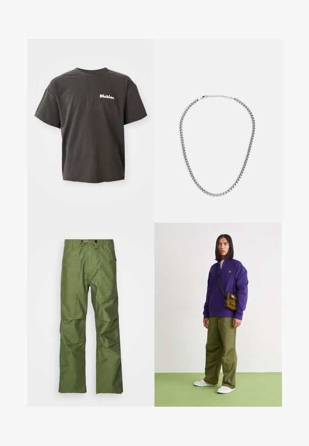 Camiseta de manga corta gris oscuro con el logo "Dickies." en blanco en el lado izquierdo del pecho, cuello redondo y corte relajado.; Pantalones cargo verdes oliva hechos de tela ligera. Las características incluyen una cintura con cordón, dos bolsillos frontales y un corte holgado.; Jordan AIR JORDAN 1 ZM CMFT 2 - Zapatillas altas - summit white/bicoastal/oxidized green; Fossil JEWELRY NECKLACE - Collar - silver-coloured