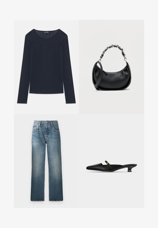 Marineblaue Langarmshirt mit Rundhalsausschnitt und dezentem gesticktem Logo auf der Brust, aus weichem Stoff, auf weißem Hintergrund flach ausgelegt.; Blaue Jeans aus Denim mit geradem Bein, hohem Bund, fünf Taschen und leicht verblasster, strukturierter Optik.; Schwarze spitze Mule mit niedrigem Kittenheel und schmalem Riemen über dem Rist mit kleinem goldfarbenem Knopfdetail.; Schwarze Lederhandtasche mit abgerundeter Form, doppeltem Träger mit einer massiven silbernen Kette und einem Reißverschluss oben. Glatte Textur.