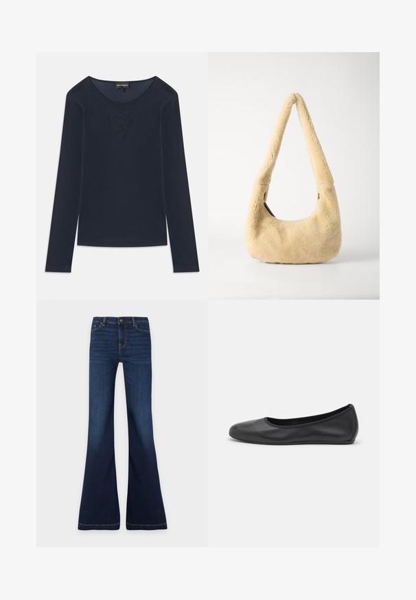 Camisa de cuello redondo de manga larga azul marino con un sutil logo bordado en el pecho, fabricada en tejido suave, dispuesta sobre un fondo blanco.; Vaqueros de denim azul oscuro con cintura alta, cierre con botón y cremallera, bolsillos delanteros y traseros y diseño de pierna acampanada.; Bailarina de piel negra con punta redondeada, textura suave, detalle de costura minimalista y diseño de suela flexible.; Bolso de hombro de piel de oveja beige con un asa curva y una forma redondeada. La textura es suave y esponjosa, con acentos de hardware mínimos.