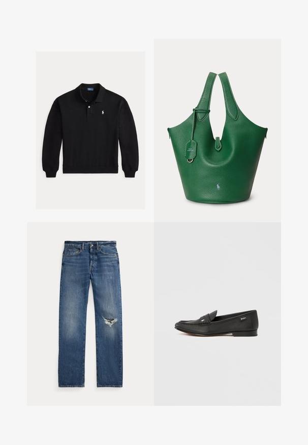 Zwart poloshirt met lange mouwen, geribde manchetten, een twee-knops sluiting en klein wit geborduurd logo op de linkerborst.; Blauwe spijkerbroeken met een middelhoge taille, vijf zakken en een rafelachtig gat op de rechterknie.; Zwarte leren loafer met gestructureerde afwerking, penny-keeper detail, slank profiel, subtiele branding aan de zijkant en lage, platte hak.; Groen getextureerde leren tote tas met dubbele handgrepen, een klein logo aan de voorkant en een hanglabel op een effen achtergrond.