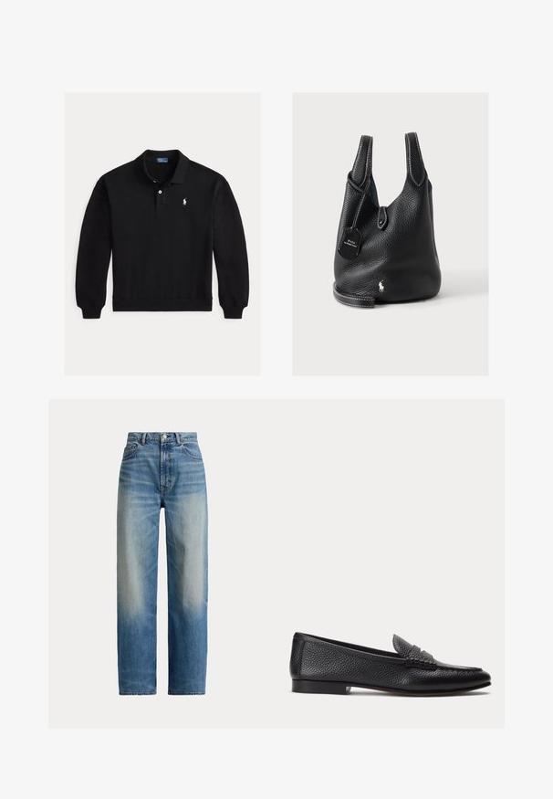 Zwart poloshirt met lange mouwen, geribde manchetten, een twee-knops sluiting en klein wit geborduurd logo op de linkerborst.; Blauwe high-waist jeans met rechte pijpen, een vervaagd voorpand en klassiek ontwerp met vijf zakken, knoop- en ritssluiting.; Zwarte, getextureerde leren loafer met lage hak en klassieke pennyband-detail, zijaanzicht op een eenvoudige lichte achtergrond.; Zwarte gestructureerde leren shopper met dubbele handgrepen, Polo by Ralph Lauren label, witte stiksels en klein wit paardenlogo bij de onderkant.
