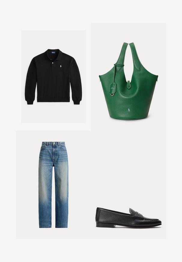 Polo noir à manches longues avec poignets côtelés, patte à deux boutons et petit logo blanc brodé sur la poitrine gauche.; Jean taille haute à jambes droites bleu avec devant délavé et design classique à cinq poches, fermeture par bouton et zip.; Mocassin en cuir texturé noir avec petit talon et détail classique de bride à pièce, présenté de profil sur un fond clair uni.; Sac cabas en cuir texturé vert avec doubles poignées, un petit logo à l'avant et une étiquette suspendue sur un fond uni.