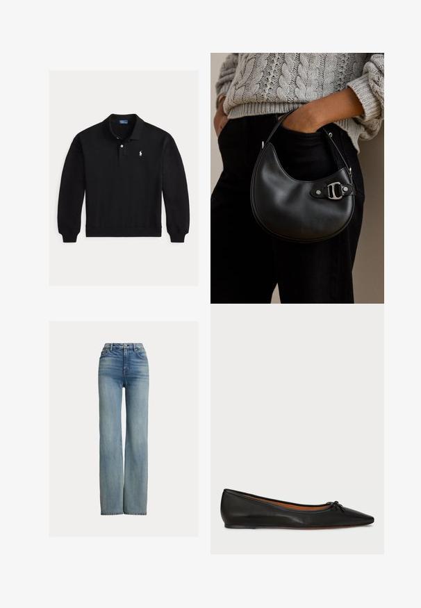 Zwart poloshirt met lange mouwen, geribde manchetten, een twee-knops sluiting en klein wit geborduurd logo op de linkerborst.; Hoge taille, rechte pijpen blauwe jeans met voorzakken, riemlussen en knoopsluiting, met subtiele vervaagde details.; Zwarte leren balletschoenen met een spitse neus, slanke silhouet en een klein strikdetail aan de voorkant. Gladde textuur en minimalistisch ontwerp.; Persoon draagt een grijze kabeltrui en zwarte broek, houdt een kleine zwarte leren handtas met zilveren gesp vast.