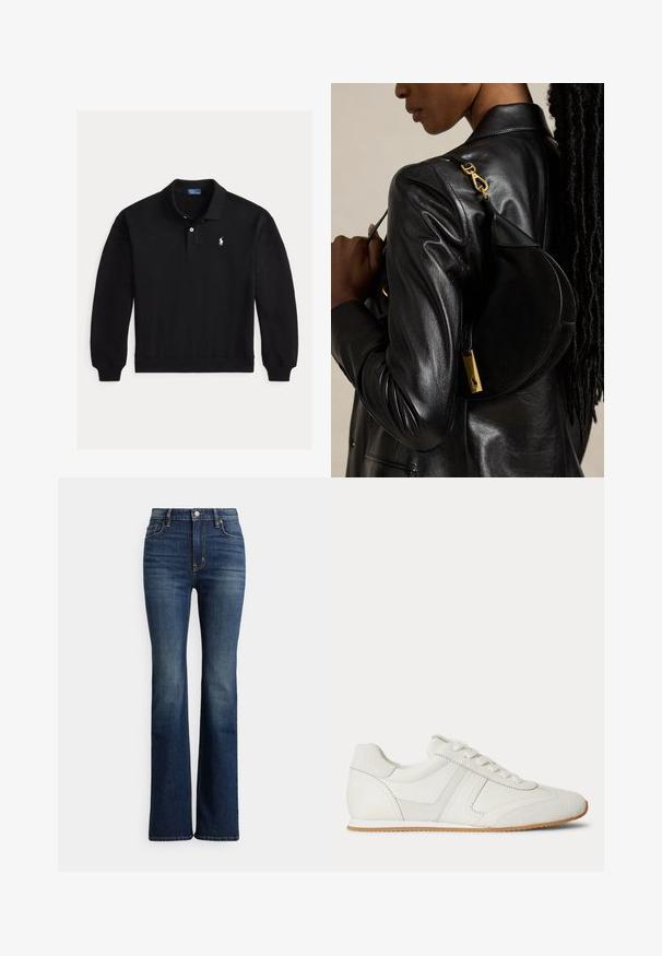 Must pikkade varrukatega polo, soonikkoes mansettide, kahe nupuga plaketiga ja vasakul rinnal väike valge tikitud logo.; Tumesinised kõrge vöökohaga bootcut teksapüksid ees oleva nööbi ja taskutega, kergelt kulunud reite ja põlve piirkondades, valgel taustal esitletud.; Valge madala säärega toss esikäepäradega, seemisnahast ja nahast paneelidega ning helepruuni kummipõhjaga, valgel taustal.; Musta nahktagi kandva inimene kannab musta poolkuukujulist käekotti kuldse kinnitusega õlal ühtlase tausta vastu.