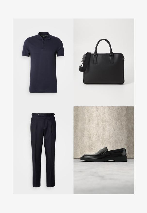 Polo en bleu marine en coton, avec un col plat, une patte de boutonnage à trois boutons et un logo brodé sur la poitrine. Manches courtes.; Pantalon de costume bleu marine en tissu lisse, avec devant plissé, jambes droites et ceinture à fermeture par bouton.; Mocassin en cuir noir poli flottant au-dessus d'un tapis beige avec un mobilier translucide orange en arrière-plan.; Sac en cuir noir avec surface texturée, deux poignées et une bandoulière amovible. Il présente des fermetures éclair en argent et des éléments de design minimalistes.